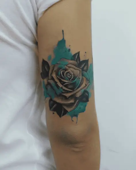 Black Rose with Watercolor Splash Tricep Tattoo