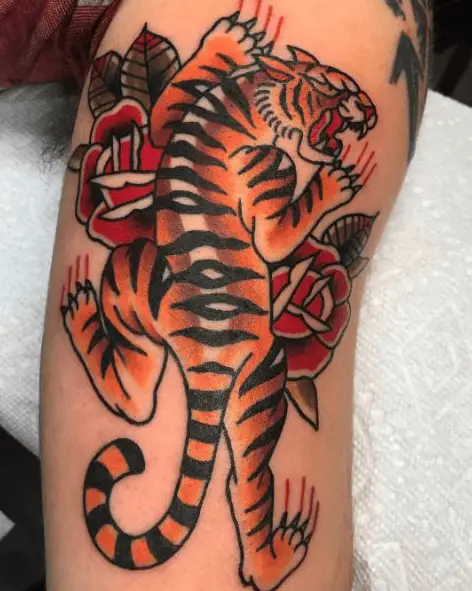 Roaring Tiger with Roses Colored Tattoo