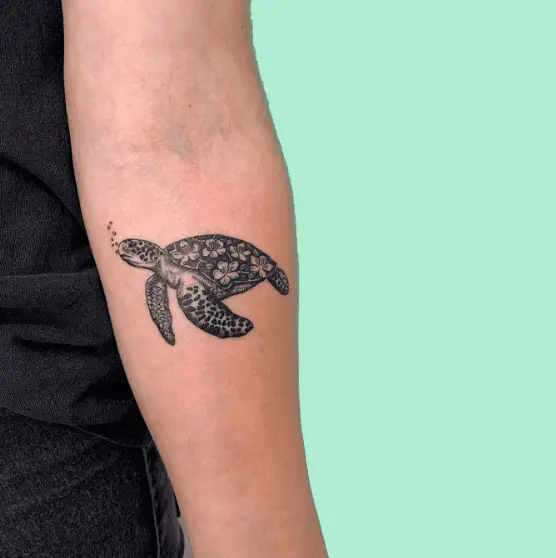 Black Ink Floral Sea Turtle with Bubbles Tattoo