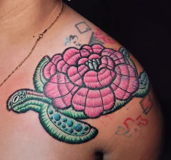 Cross Stitch Sea Turtle Shoulder Tattoo