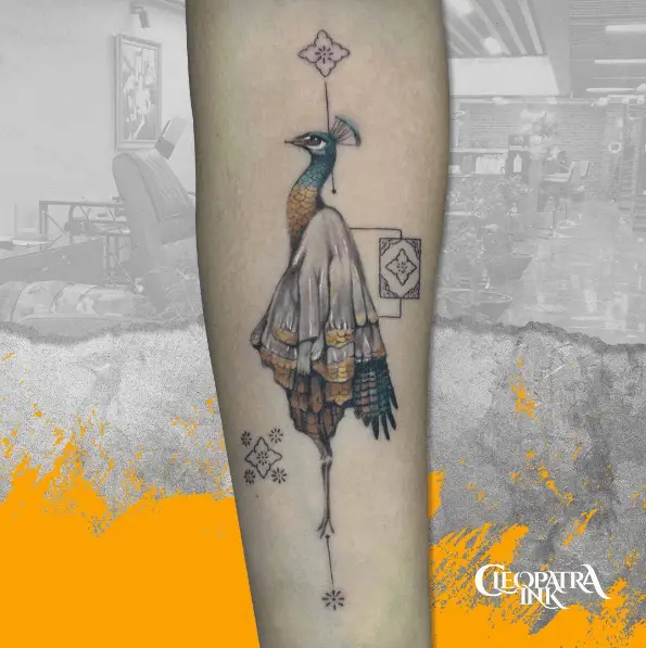Creative Dressed Up Standing Peacock Tattoo