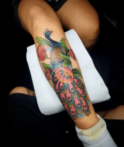 Pink And Blue Floral Peacock Leg Tattoo