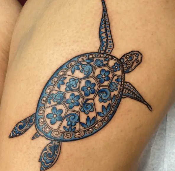 Blue Floral Patterned Sea Turtle Tattoo