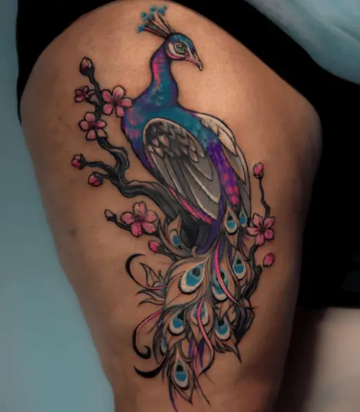Peacock Sitting on Flower Branch Tattoo Piece
