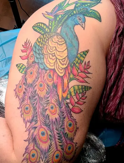 Beautiful Color Combined Peacock with Leaves Tattoo