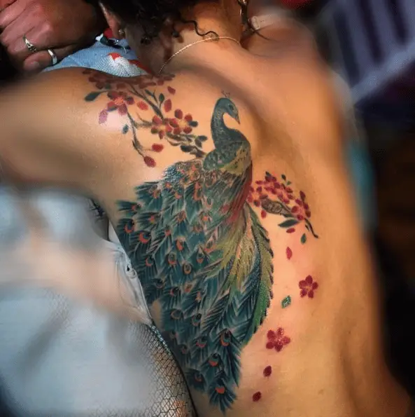 Green Shade Peacock with Cherry Blossom Flowers Tattoo
