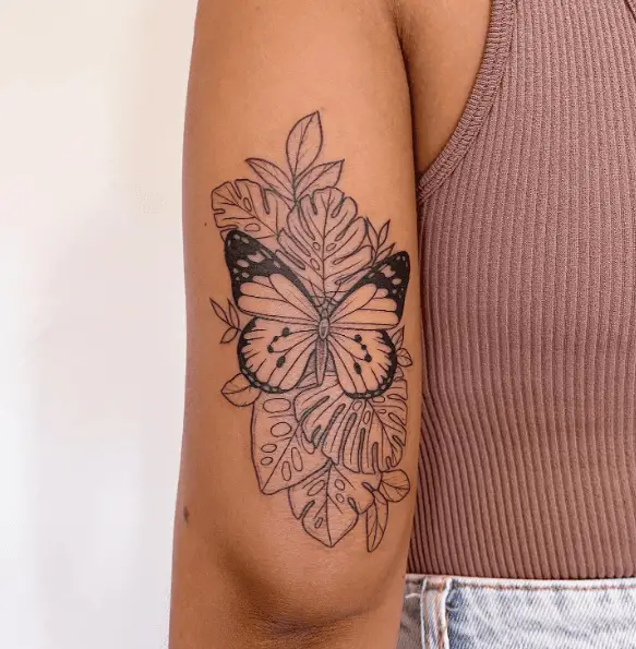 Butterfly with Leaves Tricep Tattoo