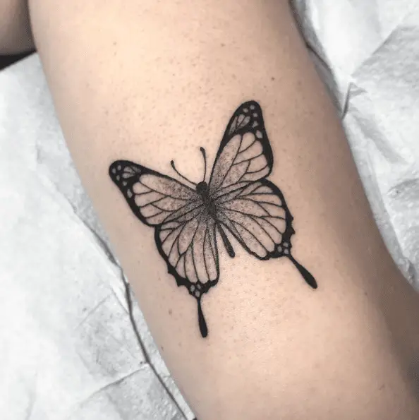 Black and Grey Single Butterfly Tricep Tattoo