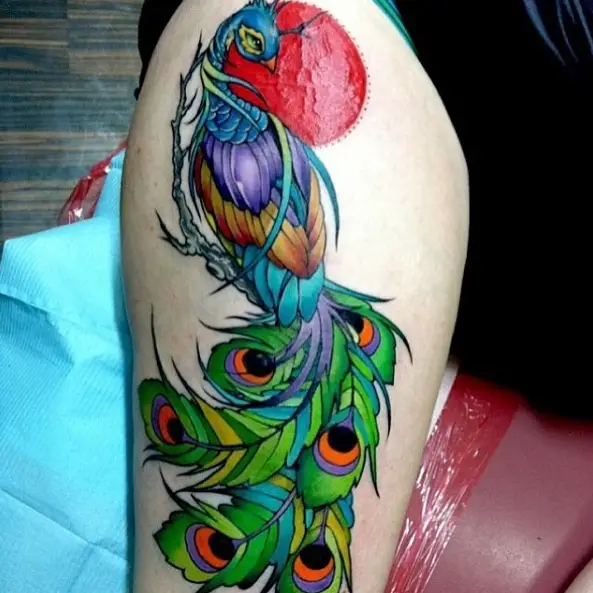 Bright Colored Peacock and Red Sun Tattoo