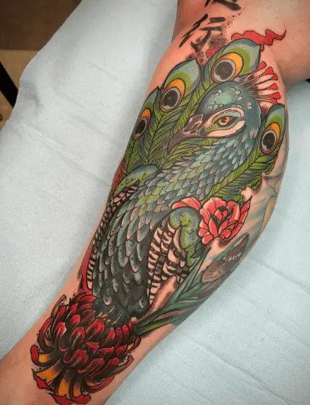 Neo Traditional Peacock with Red Florals Tattoo