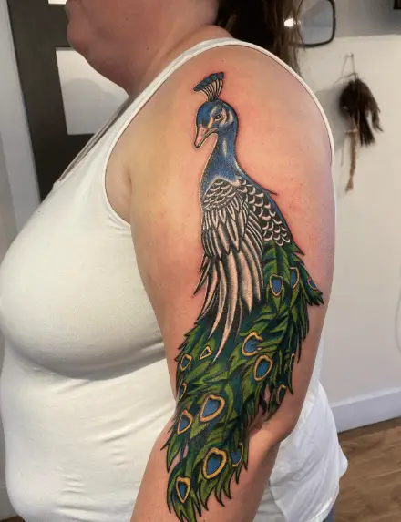 Triple Colored Peacock Arm Tattoo