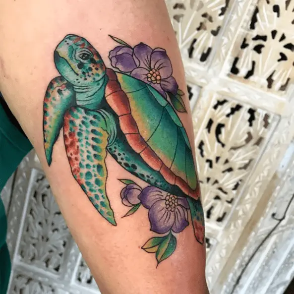 Multicolored Sea Turtle and Purple Flowers Tattoo