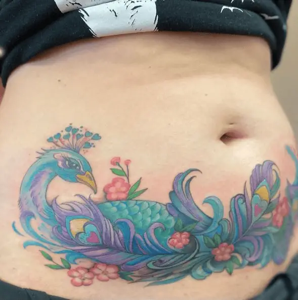 Blue, Purple and Pink Mixed Peacock Tummy Tattoo