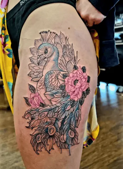 Sketch Style Colored Peacock Thigh Tattoo