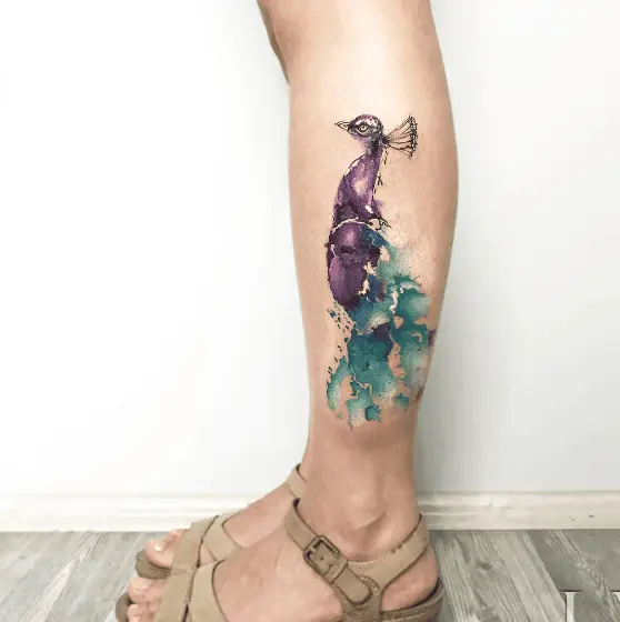 Watercolor Peacock Leg Tattoo