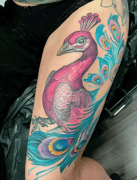 Blue and Purple Painting Style Peacock Tattoo