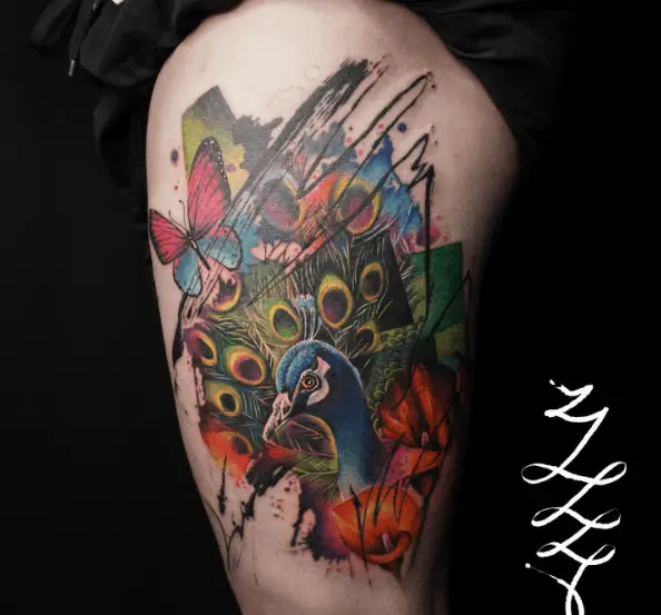 Multicolored Peacock Head, Feathers and Butterfly Thigh Tattoo