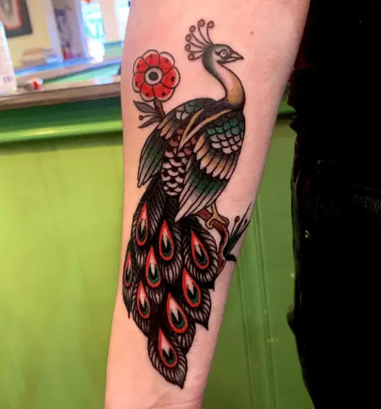 Bold Colors Traditional Peacock with Single Flower Tattoo