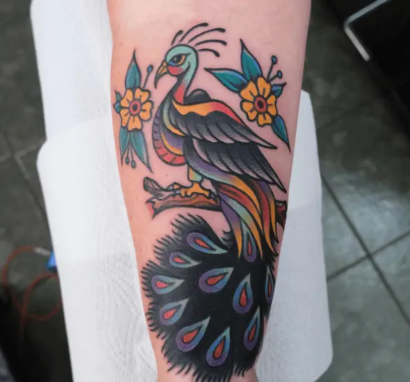 Traditional Peacock and Yellow Flowers Tattoo