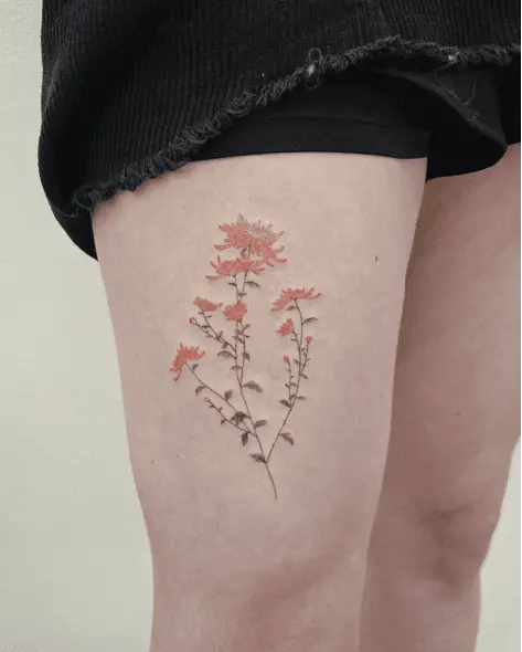 Fine Line Red Wild Chrysanthemum Thigh Tattoo
