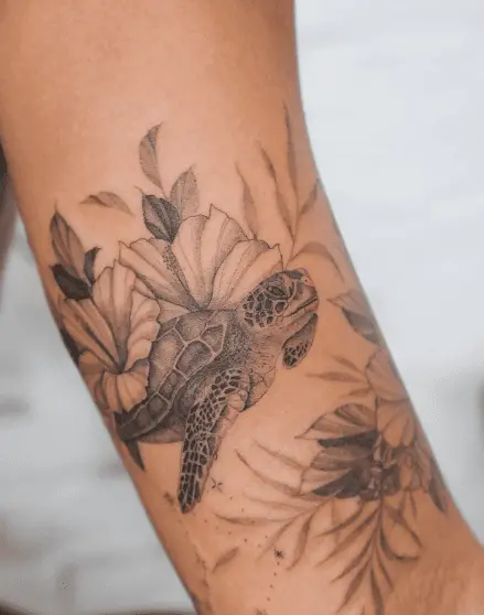 Sea Turtle with Hibiscus and Manta Ray with Plumeria Tattoo