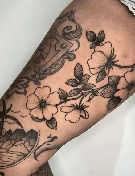 Black and Grey Wildrosen Flower Thigh Tattoo