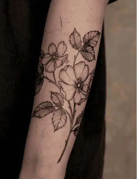 Black and Grey Wildrosen With Bee Arm Tattoo