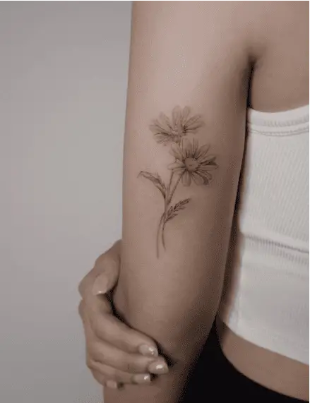 Black and Grey Two Daisies Upper Arm Tattoo