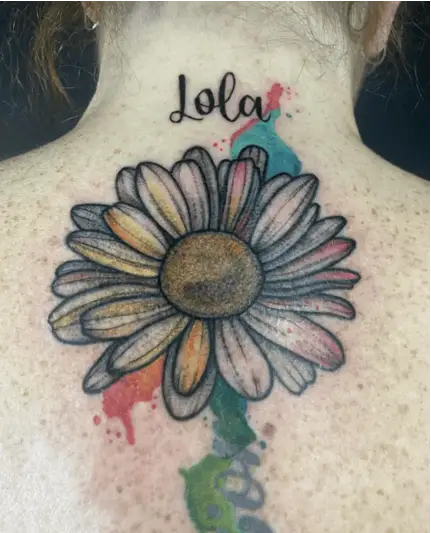 Colored Watercolor Daisy Flower Head With Text Back Piece Tattoo