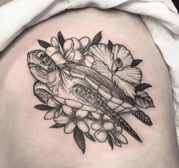 Sea Turtle with Flowers Tattoo
