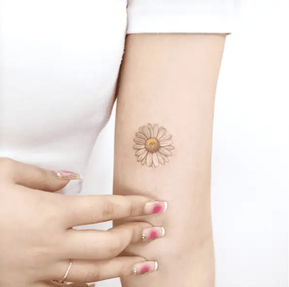 Colored Tiny Daisy Flower Head Arm Tattoo