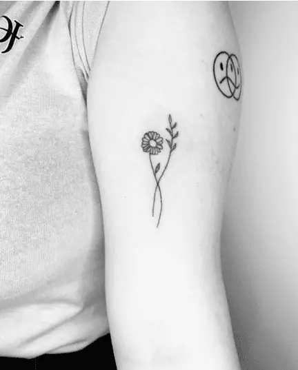 Simple Line Work Daisy With Leaves Upper Arm Tattoo