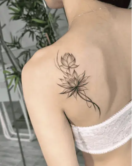 Black and Grey Two Lotus Flower Back Tattoo