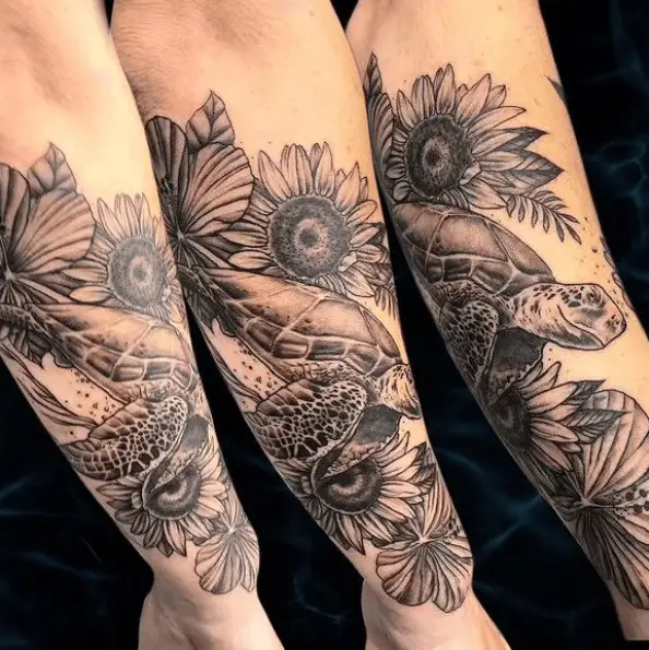 Sea Turtle with Sunflowers Forearm Tattoo