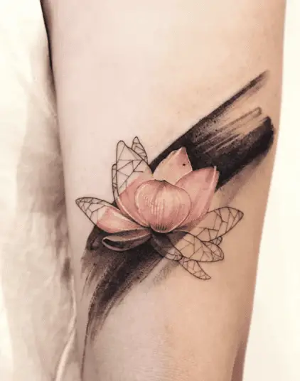 Colored Geometry Lotus With Brushstroke Arm Tattoo