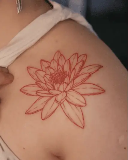 Red Line Detailed Lotus Shoulder Tattoo