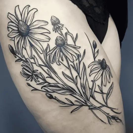 Black and Grey Black Eyed Susan Flowers Thigh Tattoo