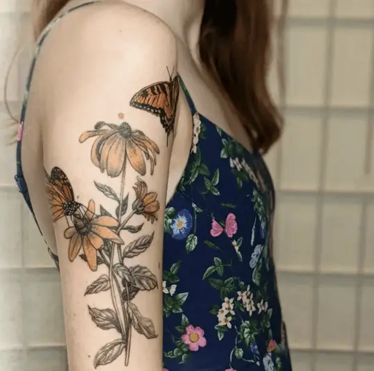 Colored Black Eyed Susans With Monarch Butterflies Upper Arm Tattoo