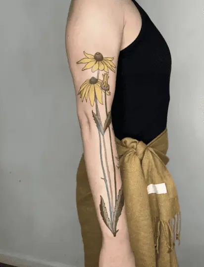 Colored Long Black Eyed Susan Arm Tattoo