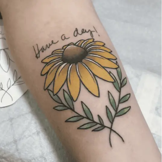 Colored Black Eyed Susan With Leaves and Text Arm Tattoo