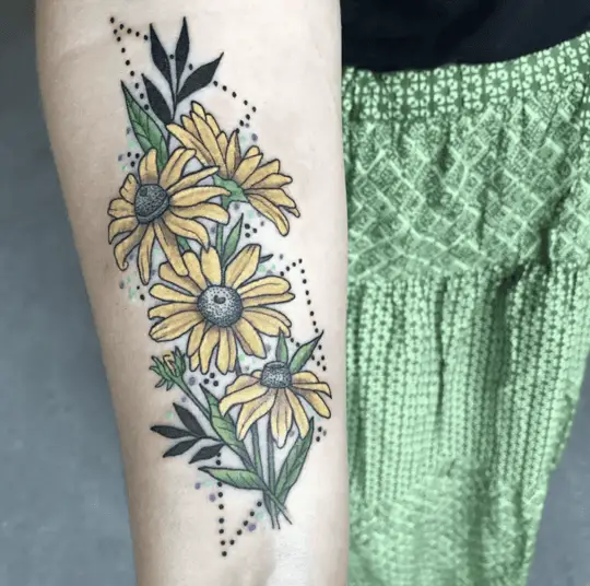 Colored Black Eyed Susans With Dotted Triangles Arm Tattoo