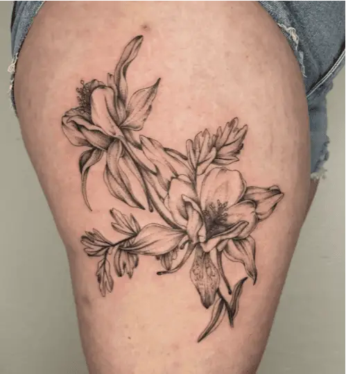 Black and Grey Columbines Flower Thigh Tattoo