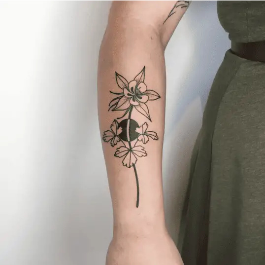 Line Art Columbine Flower With Small Black Circle Arm Tattoo