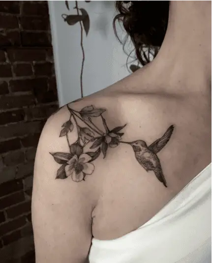 Black and Grey Columbine Flowers With Hummingbird Shoulder Tattoo