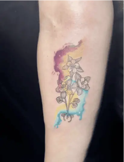 Columbine Flower With Rainbow Watercolor Background Arm Tattoo