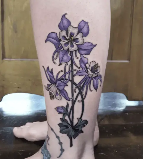 Three Violet Columbine Flower Leg Tattoo