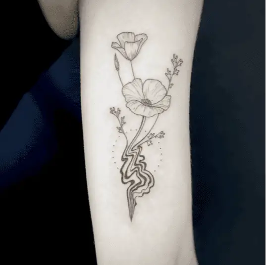 Line Work California Poppy Flower With Ripples Effect Upper Arm Tattoo