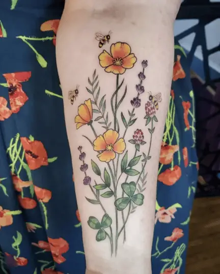 Colored California Puppies With Wildflowers and Bees Arm Tattoo