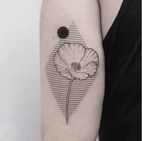California Poppy With Geometry Diamond and Small Black Circle Arm Tattoo