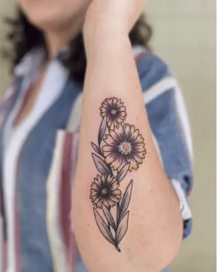 Colored Three Blanket Flowers Arm Tattoo